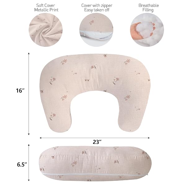 LITTLE GRAPE LAND MUSLIN NURSING PILLOW, SOFT 100% COTTON BREASTFEEDING PILLOW WITH BREATHABLE COTTON REMOVABLE COVER, BREAST FEEDING PILLOWS FOR BABIES 0-13 MONTHS WITH PROTECTIVE ZIPPER