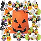 Halloween Rubber Duckies - Bulk Variety Pack Bundle (48 Rubber Ducks + 1 Jack O Lantern Tote Bag) - Trick or Treat Costume Ducks - Zombies, Dracula, Werewolf, Frankenstein, Black Cat, Pumpkin, Ghost, Skeleton, Witch - Handouts, Toy Prizes, Table Decorations
