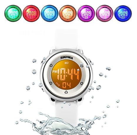 (TM) Children Digital Watch Kids Boy Girls LED Alarm Stopwatch Waterproof Wristwatches(White)