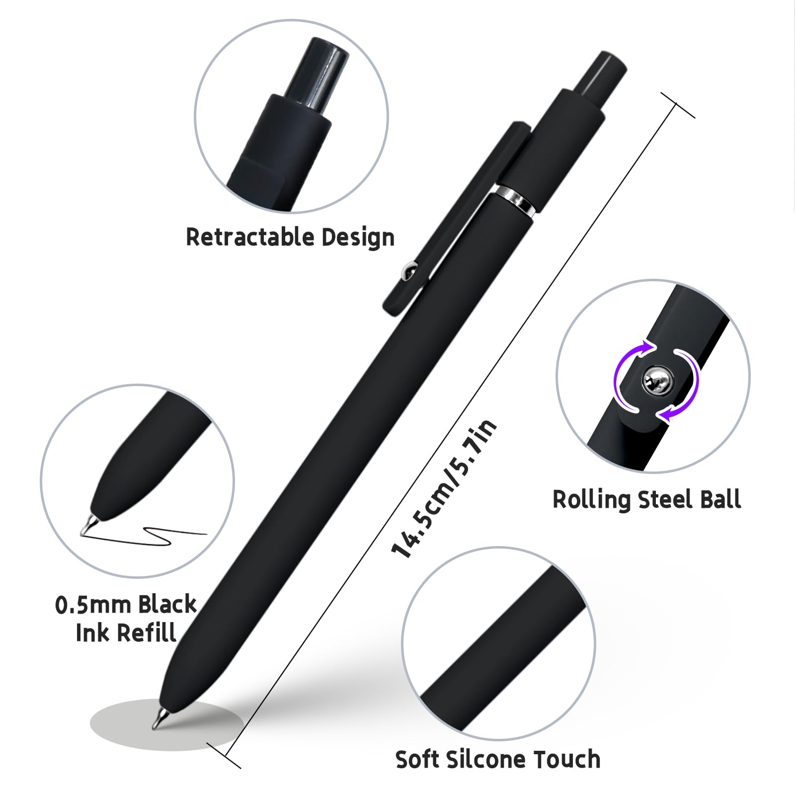 UIXJODO 6 Pcs Gel Pens 0.5mm Quick Dry Black Ink Pens Fine Point Smooth Writing Pen, Cute Office and School Supplies Gifts for Women Teacher Students (6 Pcs Black White Grey Silver)