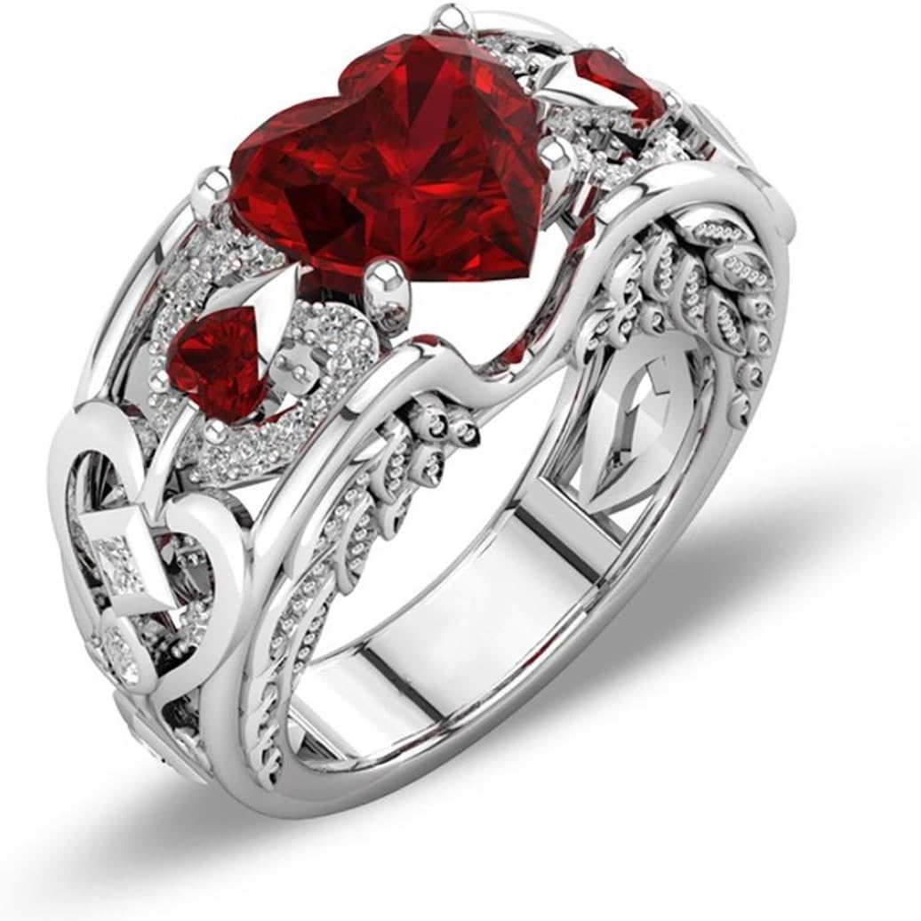 Silver Natural Ruby Gemstones Birthstone Bride Wedding Engagement Heart Ring