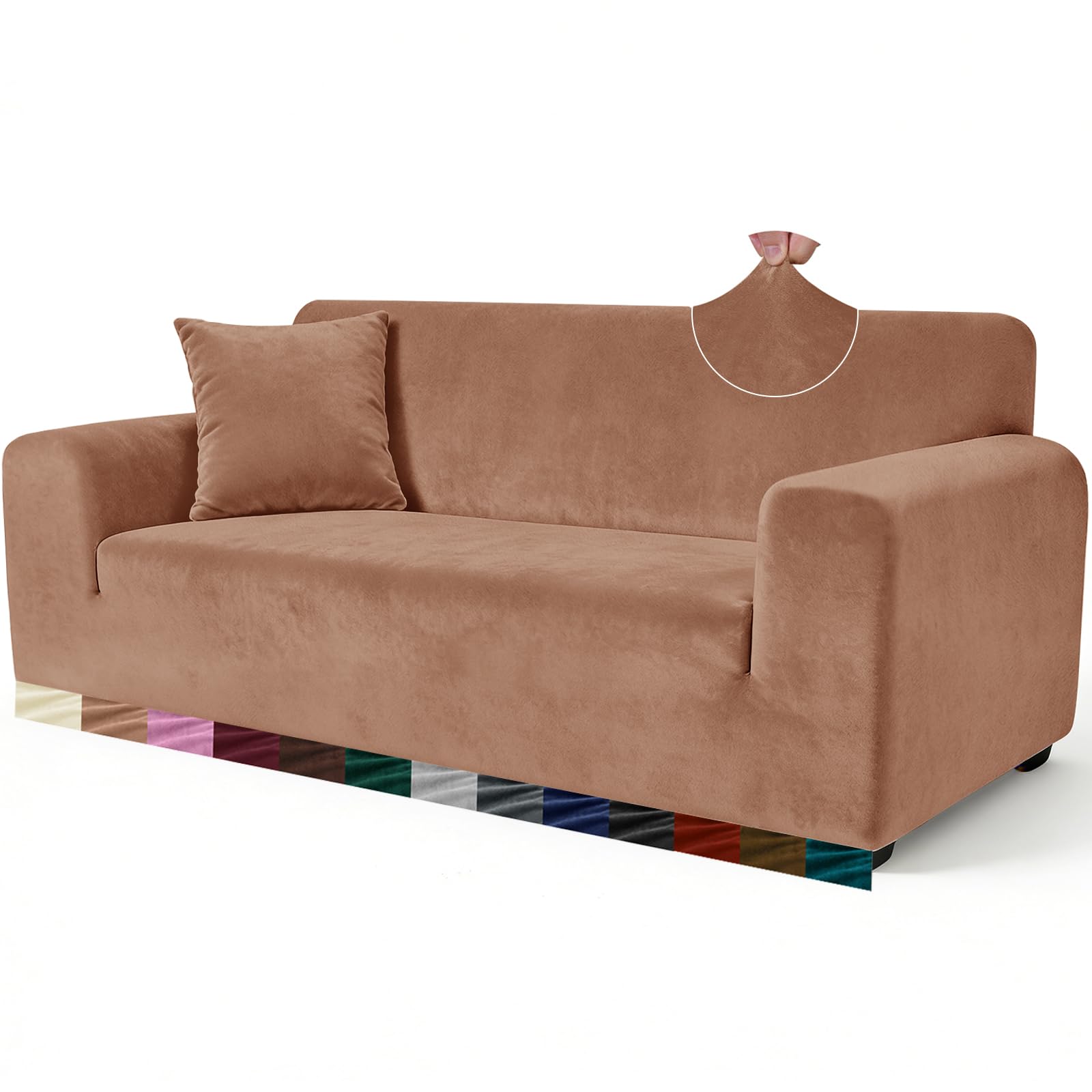 Yeahmart Thick Velvet Sofa Covers 3 Seater - Premium Stretch Couch Slipcover - Soft Furniture Protector for Pets - Includes Foam Rods for Non-Slip Fit - Machine Washable, Khaki