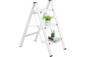 BOWEITI 3 Step Ladder, Lightweight Folding Stepladder w/Wide Anti-Slip Pedal, 330Lbs Capacity Heavy Duty Stepping Ladder, Modern Portable Step Stool for Household Office Kitchen Garden (White)