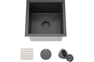 TORVA 14 x 14 Inch Gloss Black Undermount Kitchen Sink, PVD Coated Gunmetal Sink，16 Gauge T-304 Stainless Steel Single Bowl Wet Bar or Prep Sink with Zero-Radius Corners, Dark Grey