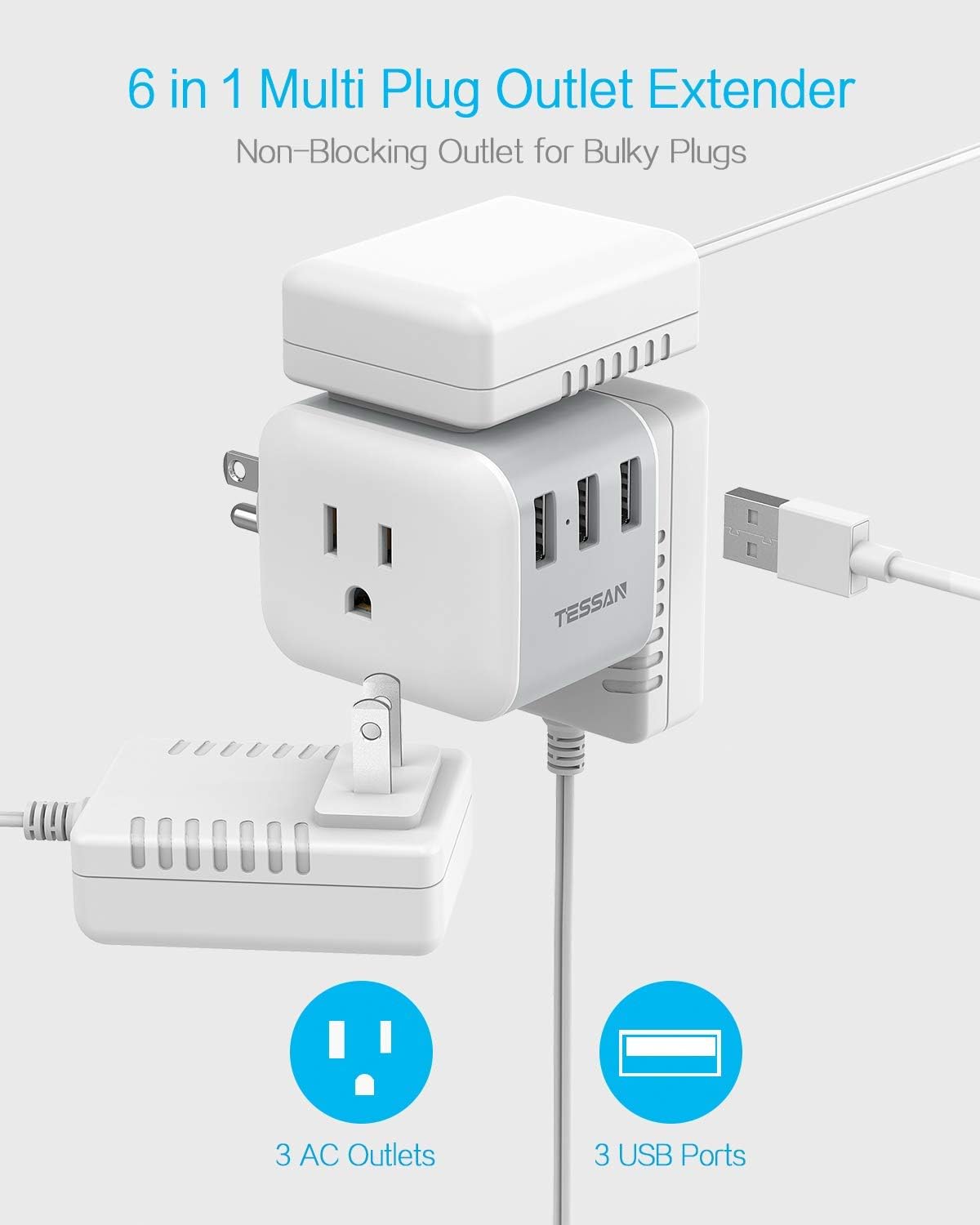 Multi Plug Outlet Extender with 3 USB Charger, TESSAN Power Charging Cube Expander for Wall Outlet Box, Multiple Electrical Outlet Splitter for Home, Office, Dorm Essentials - - 