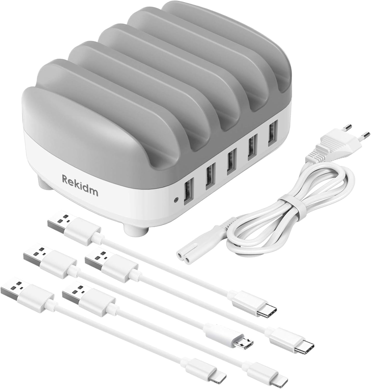 Charging Stations for Multiple Devices, Rekidm Fast Charging Stations Safe USB Charging 5 Ports Compatible with Apple iPhone iPad Products, Extra 5 Mixed Cables for Cell Phones, Smart Phones, Tablets: Electronics