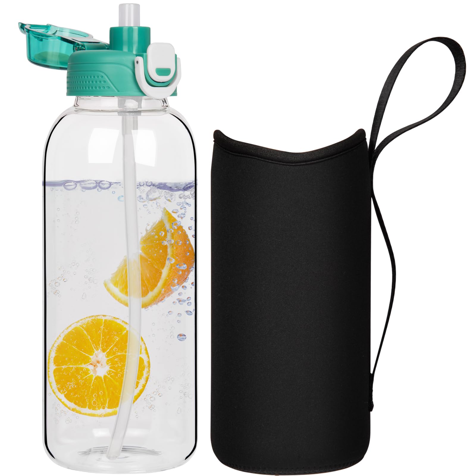 DEARRAY 1.5l Glass Water Bottle with Straw & Neoprene Sleeve 1.5 litre BPA free Large Glass Drinking Bottle Leakproof