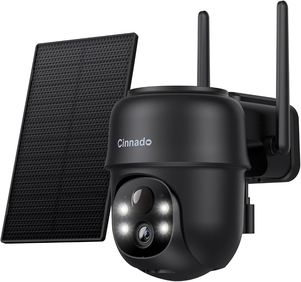 Cinnado Solar Security Camera Outdoor Wireless 2K PIR Night Vision 360 PTZ Black