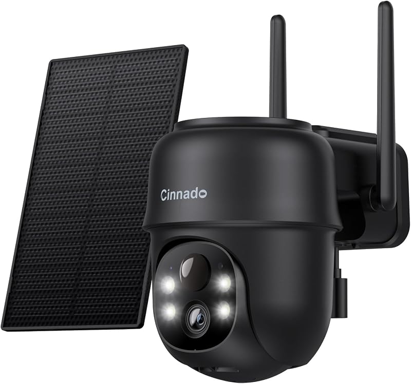 Cinnado Solar Security Camera Outdoor Wireless 2K PIR Night Vision 360 PTZ Black