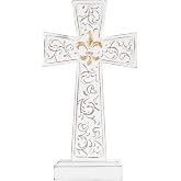 TRENDIN Standing Cross for Desk Table, Cross Decor with Fleur De Lis | TRENDIN Rustic Farmhouse Cross Stand, Religious Christian Gift for First Communion, Easter, Home, Baptism Table Decorations