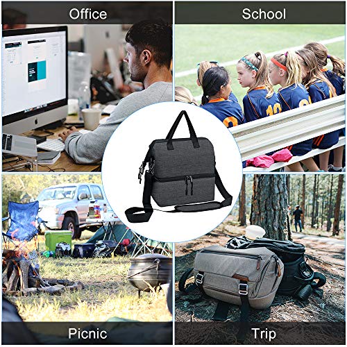 Lunch Bag Box 2 Compartments Lunch Tote Double Deck Cooler Bag Insulated Reusable with Shoulder Strap Men Women in Picnic Trip Working (Gray N20) by F40C4TMP