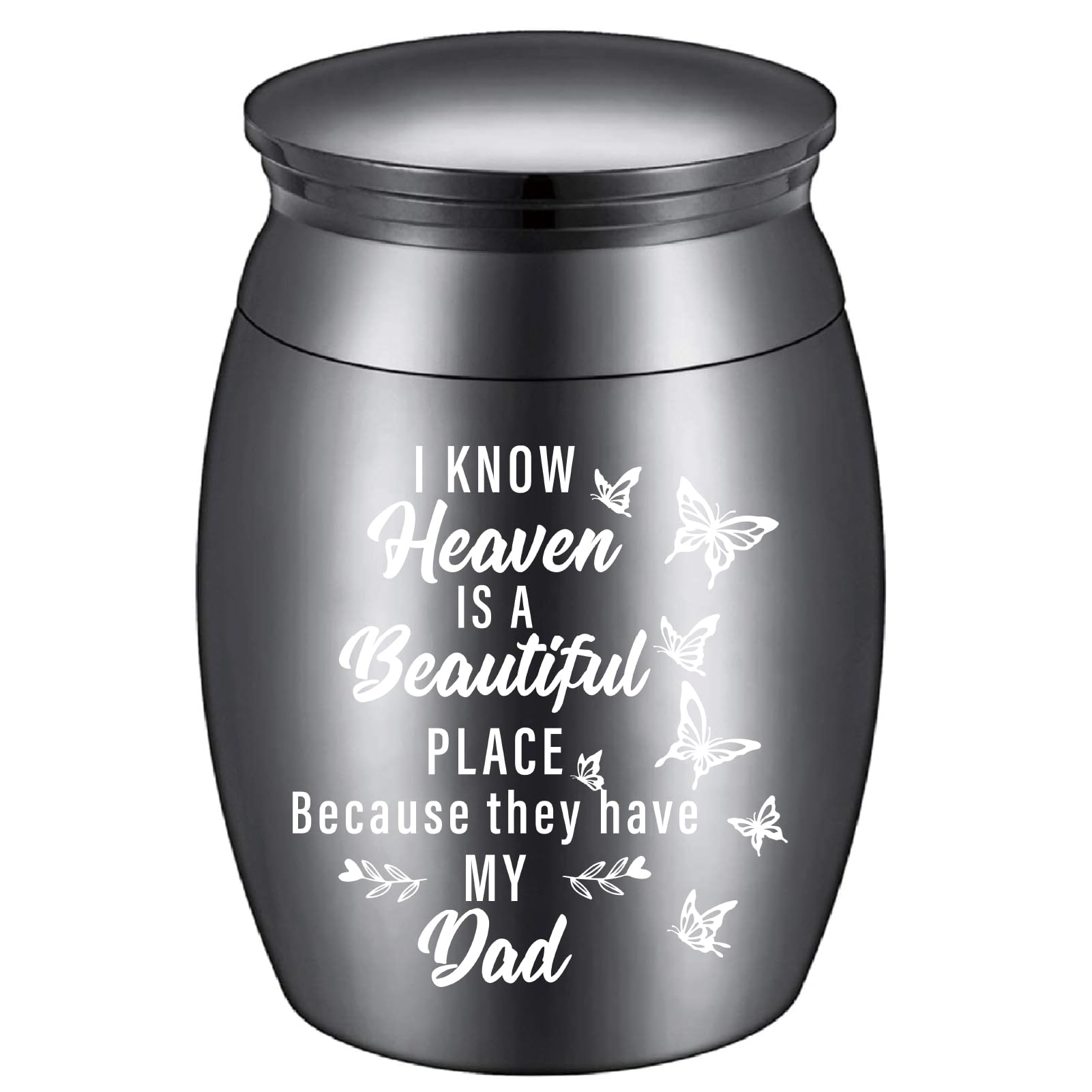 CREATCABIN Small Ashes Urn Keepsake Butterflies Cremation Urn Mini Stainless Steel Memorial Ashes Holder Container Jar for Human Dad Pets Remains 1.18x1.57 Inch-I Know Heaven Is Beautiful