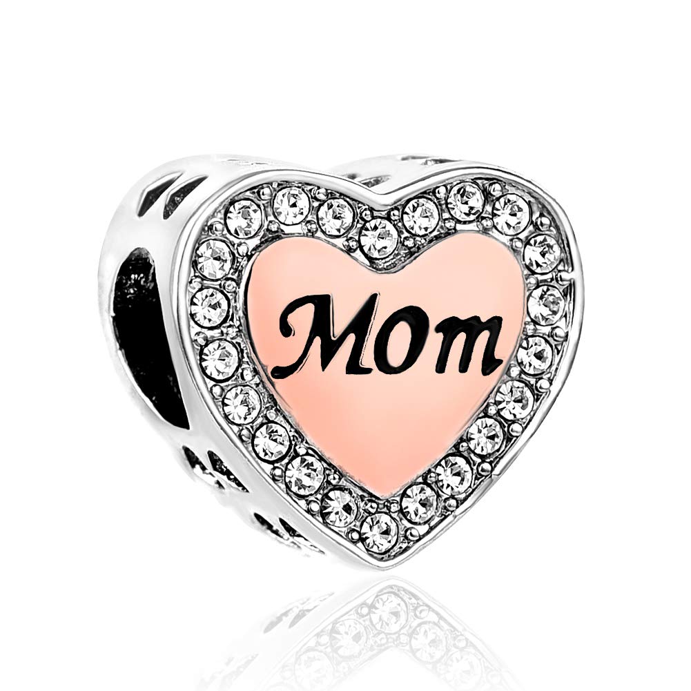 Love Heart Rose Gold Mom Charm Compatible with Pandora Charms Bracelets Women Daughter Mothers Day Birthday Jewellery Gift Present