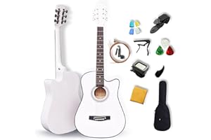 Rosefinch 38 inch Acoustic Guitar 3/4 Cutaway Folk Guitar Kit for Beginners Kids Teens Adults Starter Bundle w/Bag,Strap, Picks,6 Steel Strings, Tuner,Capo,Strings Winder(Right Handed White 38'')