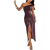 SHENHE Women's Off Shoulder Sleeveless Slit Hem Ruched Cocktail Twist Detail Bodycon Maxi Dress