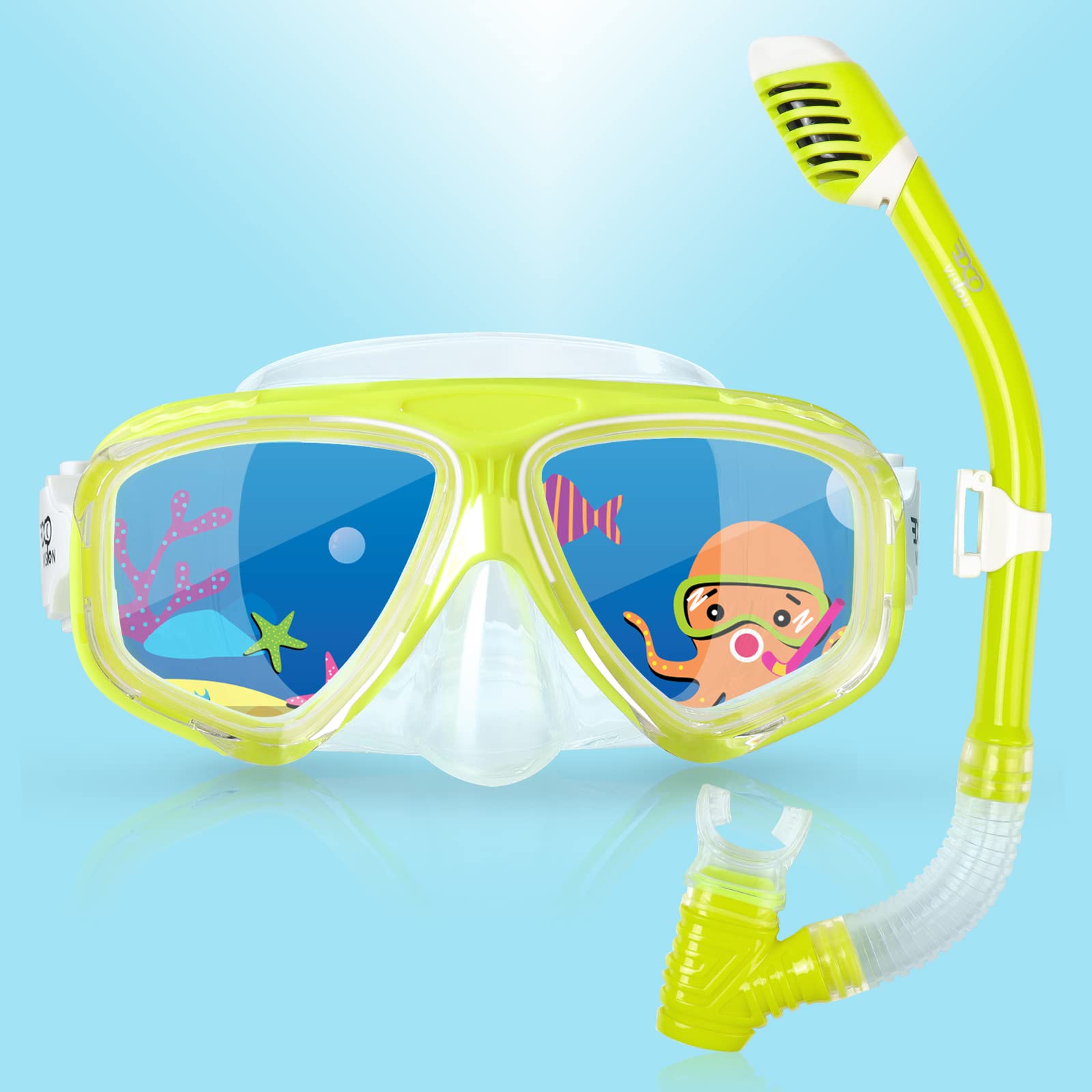 Kids Snorkeling Diving Mask, Unisex-Child 180°Panoramic View Anti-Fog Diving Mask for Boys Girls Swim Goggles with Nose Cover, Snorkeling Gear for Junior (Yellow set)