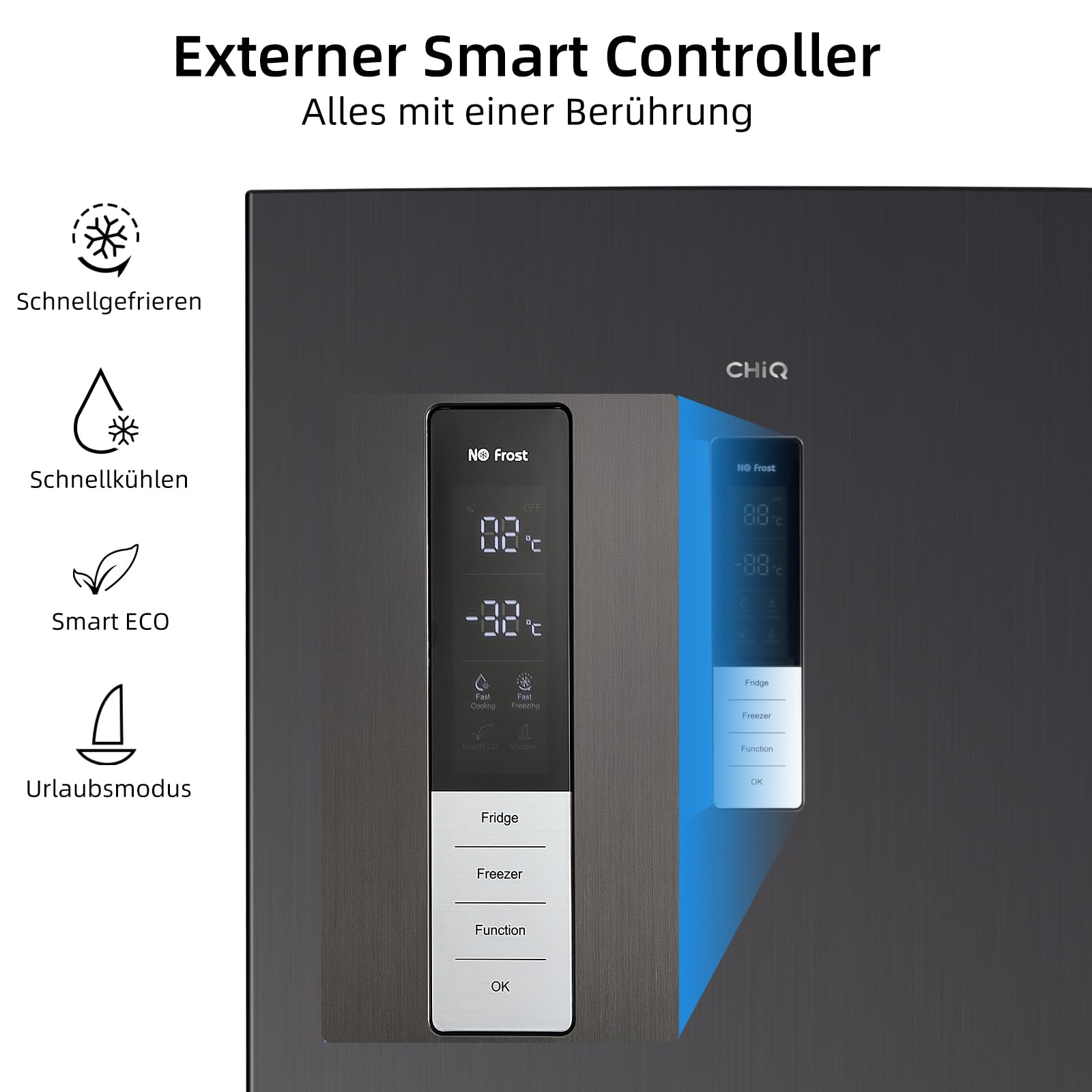 CHIQ Kühlschrank mit Gefrierfach No Frost | 356 L | 200 cm H, 60 cm B, 63 cm T| Smart Kontrol, Eco Mode, Leise 35 dB | 4-Sterne-Gefrieren, Schnellkühlung, LED-Touch-Display | FBM351NEI42 6