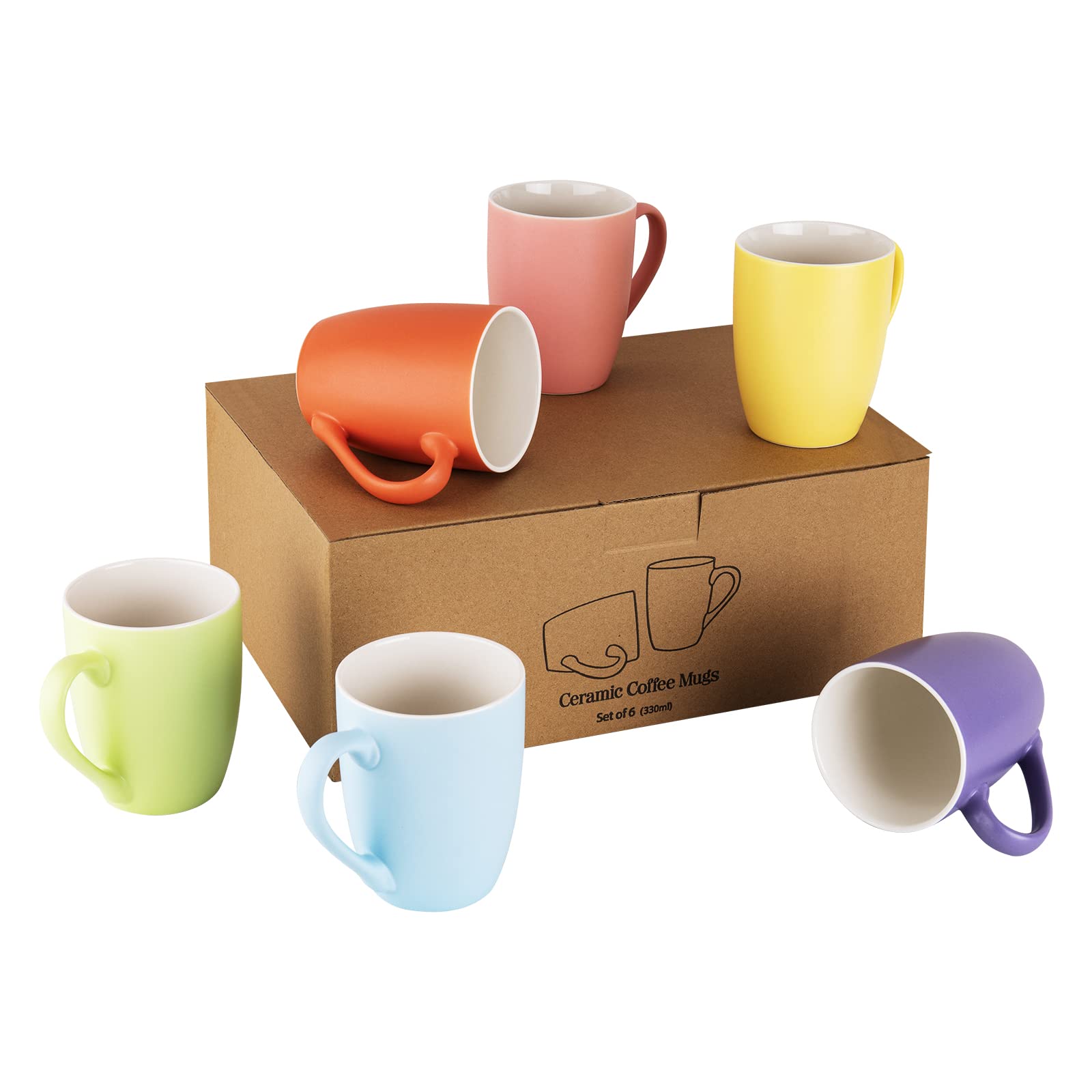 bighippy 6-Piece Porcelain Coffee Mugs Set, 330 ml, Multicolor, Modern, Reusable, Non-Slip, Insulated, Microwave & Dishwasher Safe