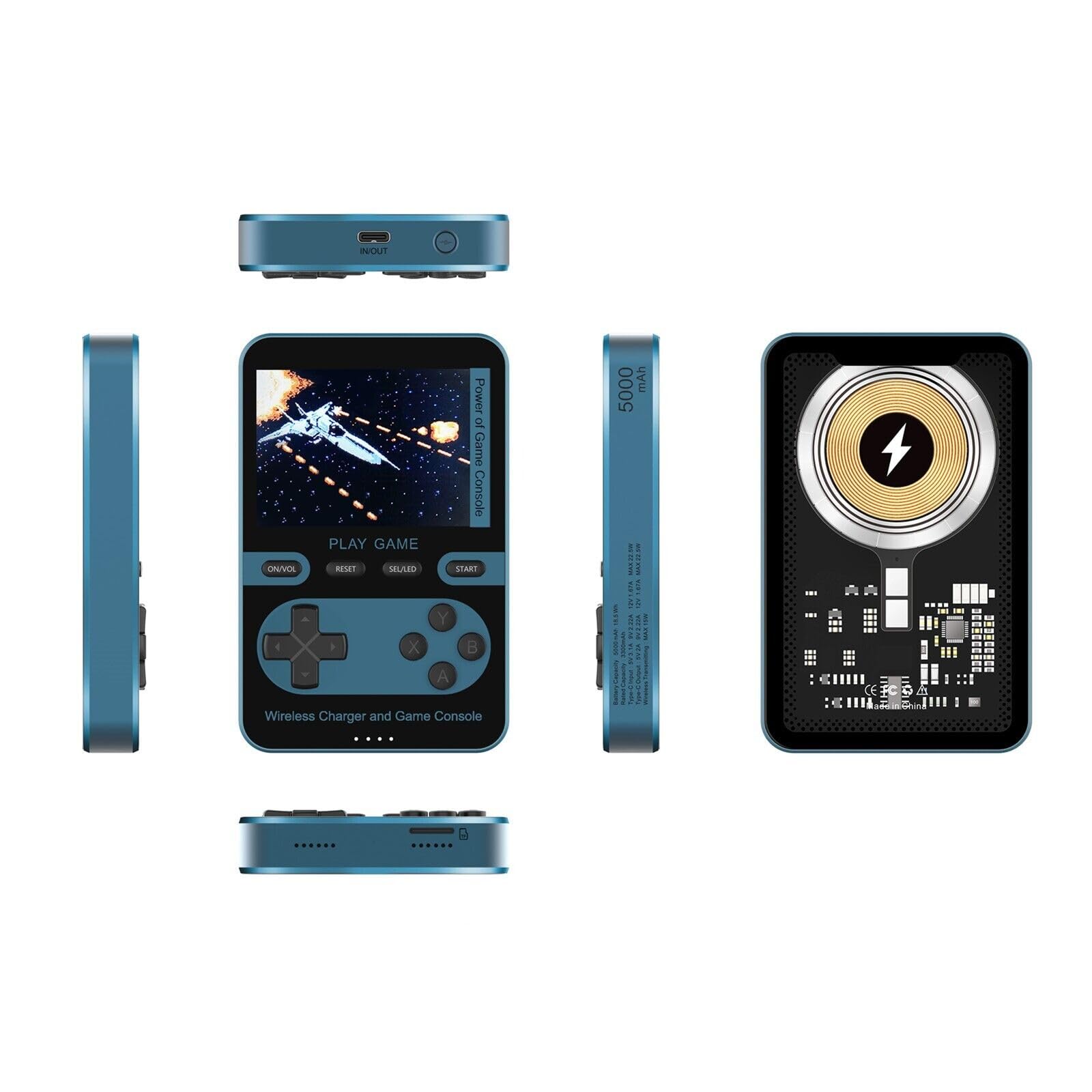 Kastar 2 in 1 Handheld Video Game Console Built-in 500 Classic Mini Games with 5000mAh Battery Pack Magnetic Power Bank Wireless Charger Max 15W【Color: Blue】