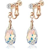 Teardrop Austrian Crystal Drop Clip On Dangle Earrings for Women Non Pierced 14K Rose Gold Plated Hypoallergenic Jewelry