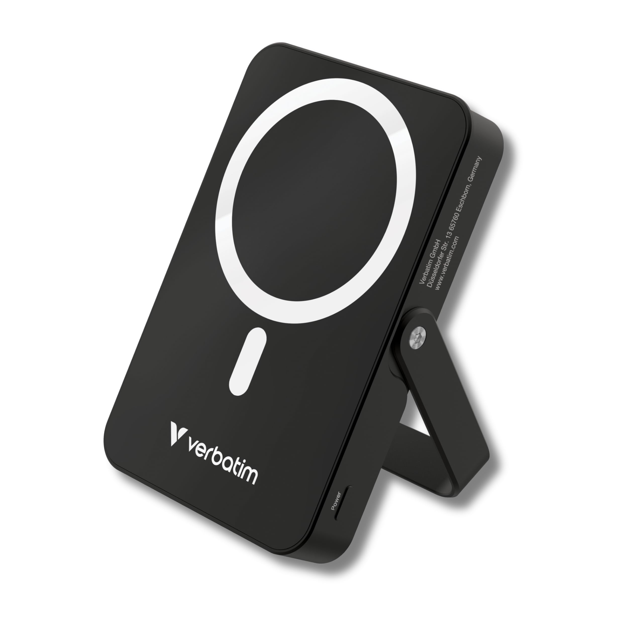 Verbatim Charge 'n' Go MagSafe Powerbank 10.000mAh Schwarz 15W magnetisch, PD 20W Schnellladen, LED-Anzeige, Ständer klappbar, Glasoberfläche, für iPhone 17/16/15 Pro, Galaxy S25 - inkl. USB-C Kabel