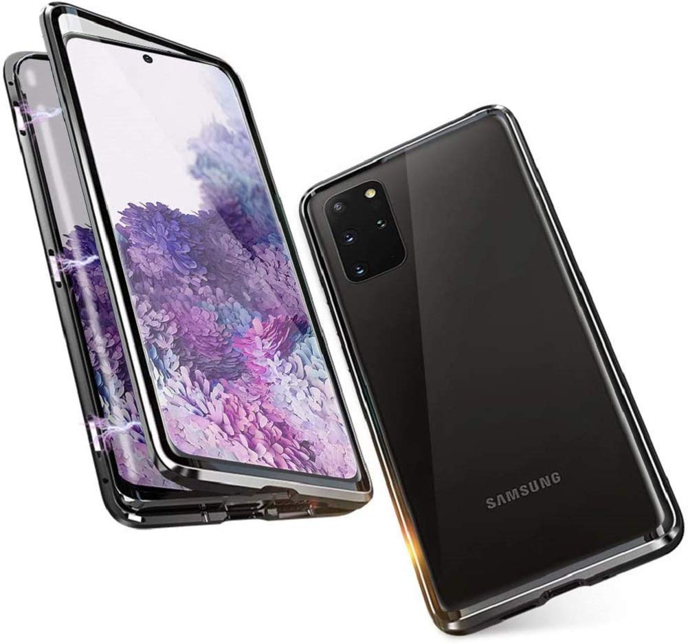 Case for Samsung Galaxy S20 Plus Cover Adsorption Magnetic Metal Bumper Frame with Transparent Tempered Glass Front and Back 360 Degrees Full Body Protection Case Shockproof Ultra Slim Cover,Black