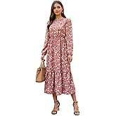 Women's Boho Flowy Long Sleeve Crewneck Floral Mixi Dresses Spring Fall Wedding Guest Long Dress