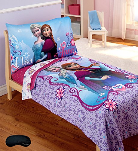Disney Frozen Girls Toddler Bedding Set + Home Style Brand Sleep Mask For Parents! (5 Piece Bedding Bundle)