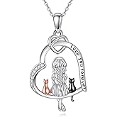 URONE Cat Necklace 925 Sterling Silver Heart 2 Cats Pendant Pet Jewelry Gifts for Women