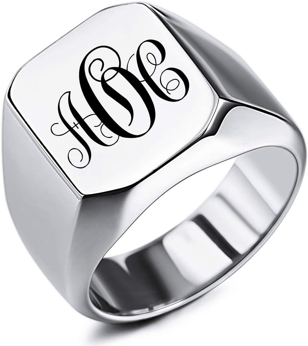 MeMeDIY Custom Engraved Initial Monogram Signet Ring for Men Women Boys Mens Rings Stainless Steel, Bundle with Ring Size Adjusters (Black Blue Silver Gold Colors, Size N-Z+3)