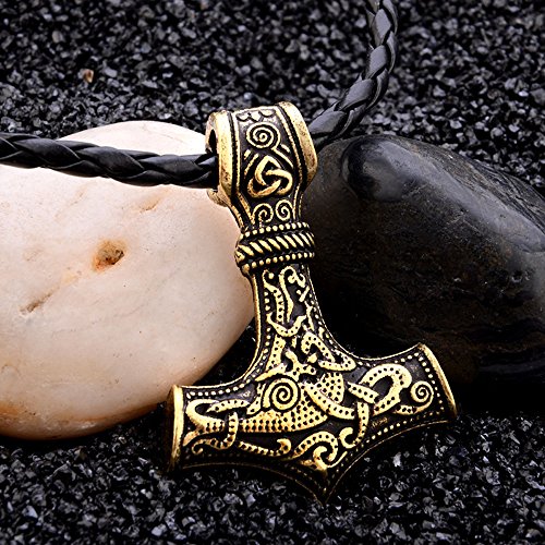 Hammer Necklace,Haluoo Personalized Satinless Steel Hammer Of Thor Mjolnir Pendant Necklace Vintage Hip Hop Engraving T-Shaped Pendant Black Leather Long Necklace For Women Men (Antique Gold)