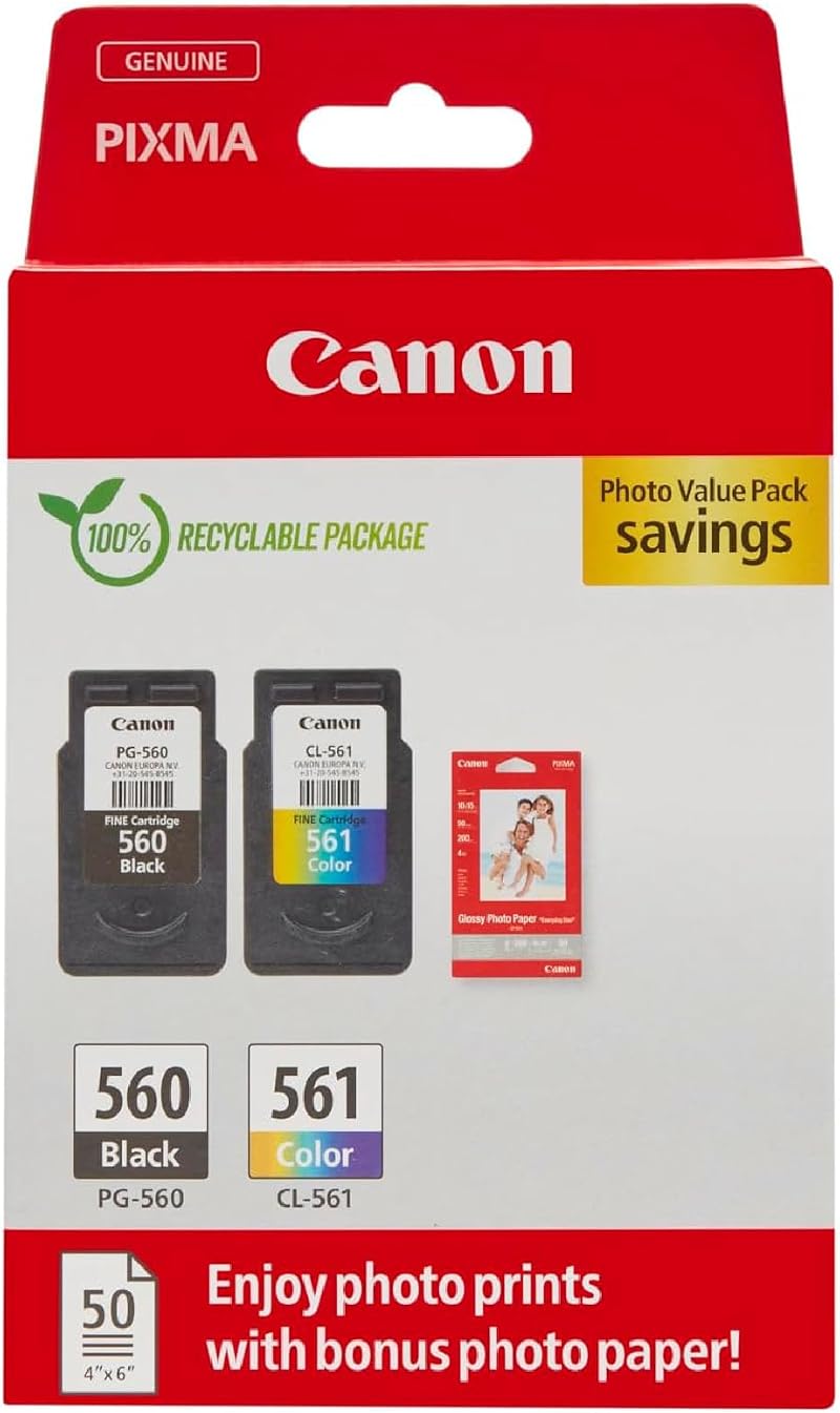 Canon PG-560 CL-561 Ink Cartridges 2 Pack Black Colour & 4x6 Photo Paper 50