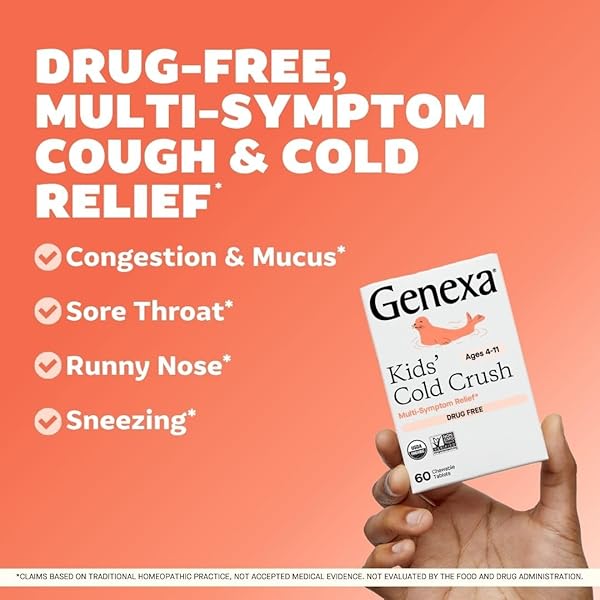 GENEXA KIDS COLD CRUSH | MULTI-SYMPTOM COUGH & COLD, SORE THROAT, CONGESTION RELIEF FOR CHILDREN | ACAI BERRY FLAVOR | ORGANIC & NON-GMO | HOMEOPATHIC REMEDY MADE CLEAN | 60 CHEWABLE TABLETS AGE 4-11​