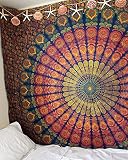 Marubhumi Indian Traditional Hippie Cotton Tapestry, Rainbow Boho Hippie Beach Coverlet Curtain, Wall Hanging,Bohemian Wall Hanging, 90 x 85 Inches (Yellow/Blue (Queen Size))
