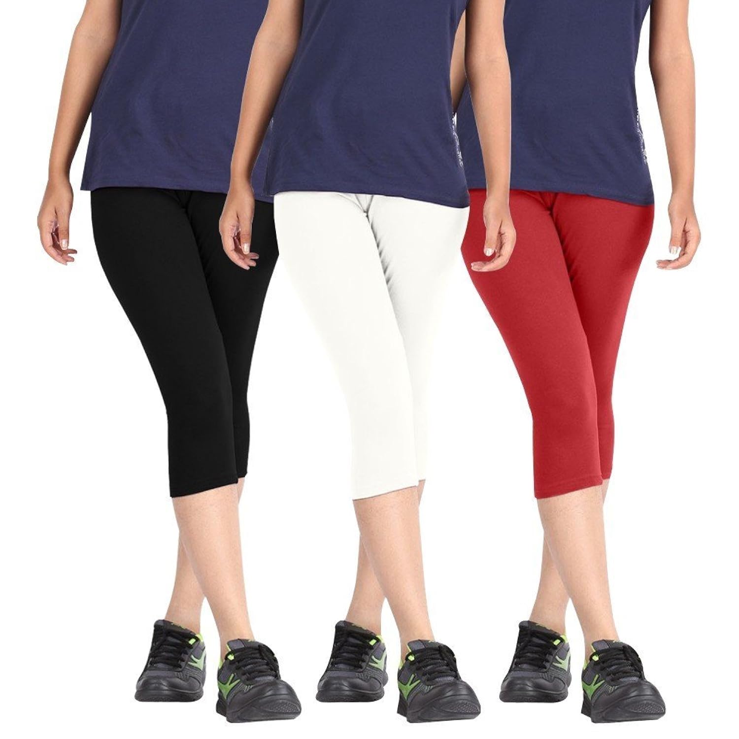 rooliums woman super fine cotton capri combo (brand factory outlet) pack of 3 (black, white and red) - free size