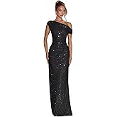 TXDBB One Shoulder Prom Dresses for Women Sparkly Sequin Long Pleated Formal Evening Gown
