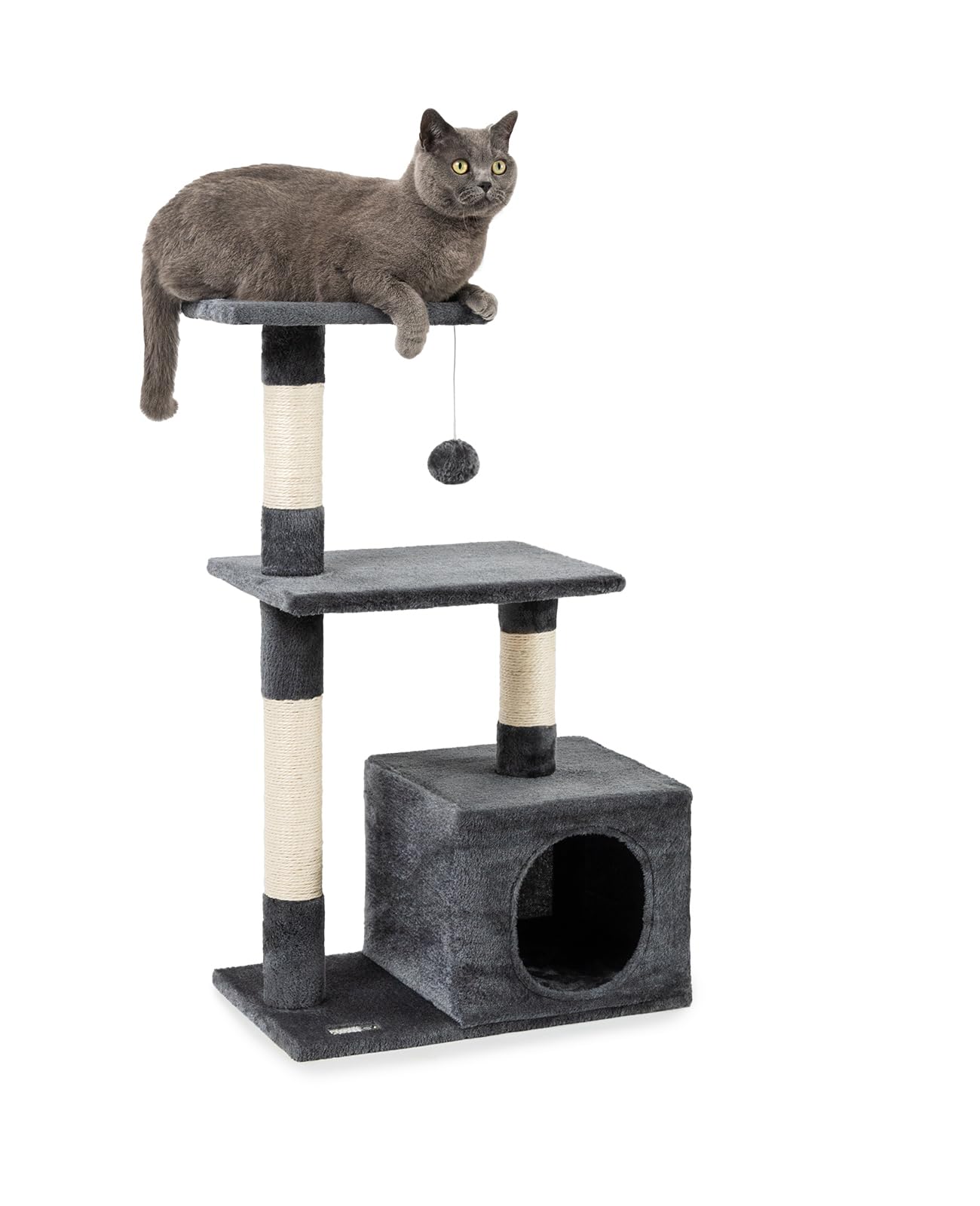 lionto Scratching tree for cats with cave and plush ball incl. bell, height 85 cm, cat tree with sisal & plush, cozy lying areas & cave, suitable for small & large cats, dark grey