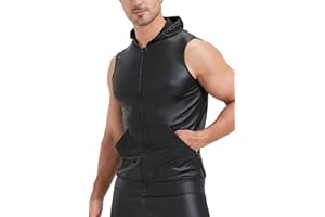FEOYA Men’s Leather Shirts Short Sleeve Slim Fit Tops Short Sleeve Round Neck Clubwear Sexy Black Leather T-Shirts