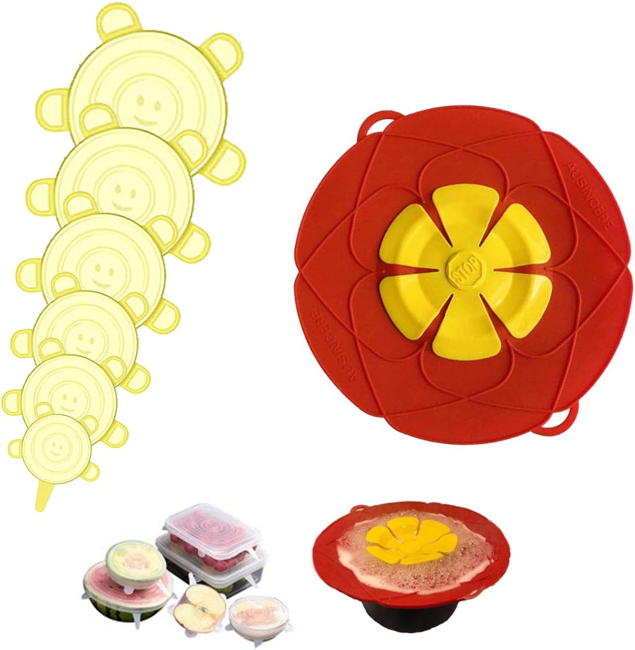 AUSINCERE Spill Stopper Lid Cover,Anti Spill Lid Cover,No Boil Over Lid,Pot Cover Silicone Spill Stopper Lid,Boil Over Safeguard,Multi-Function Kitchen Tool ๏ผ7Pack๏ผ