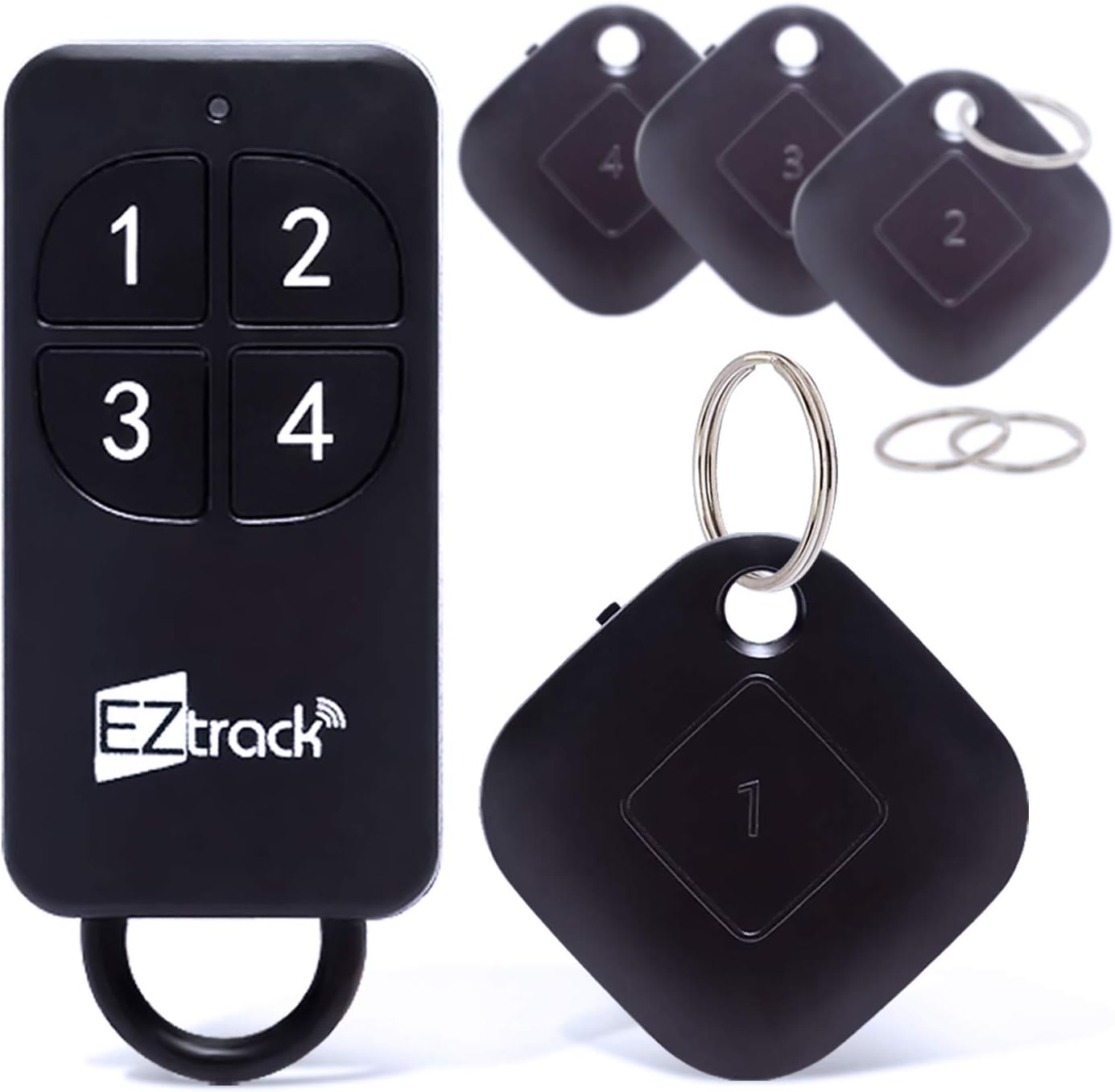 EZtrack Wireless RF Key Finder - Easy to Use – 4-in-1 RF Item Locator – 4 Small Wireless Trackers for Anything: Keys, Wallet, Phone, Dogs, Cats, Luggage, Purses & Other with Remote Control