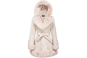 GRAN ORIENTE Women's Faux Leather Jacket with Faux Fur Collar, Winter Long Sleeve Furry Trim Peplum Parka Coat with Belt