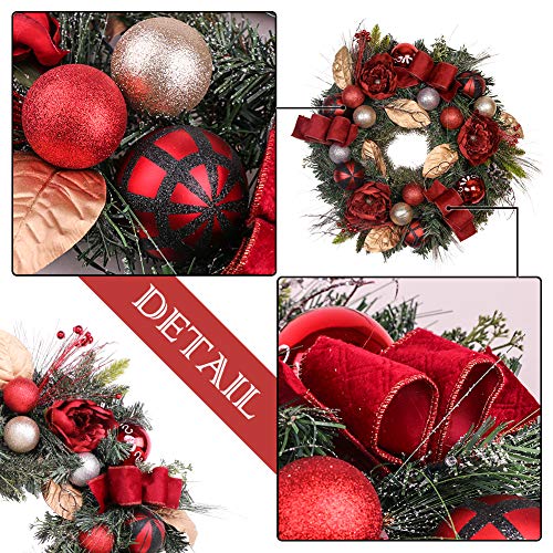 Valery Madelyn Pre-Lit 24" Trendy Red and Black Christmas Wreath with Ball Ornaments and Ribbon, Battery Operated 20 LED Lights - Thumbnail 2