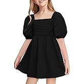 Haloumoning Girls Summer Dress Kids Square Neck Puff Sleeve A-Line Smocked Mini Dresses 5-14 Years