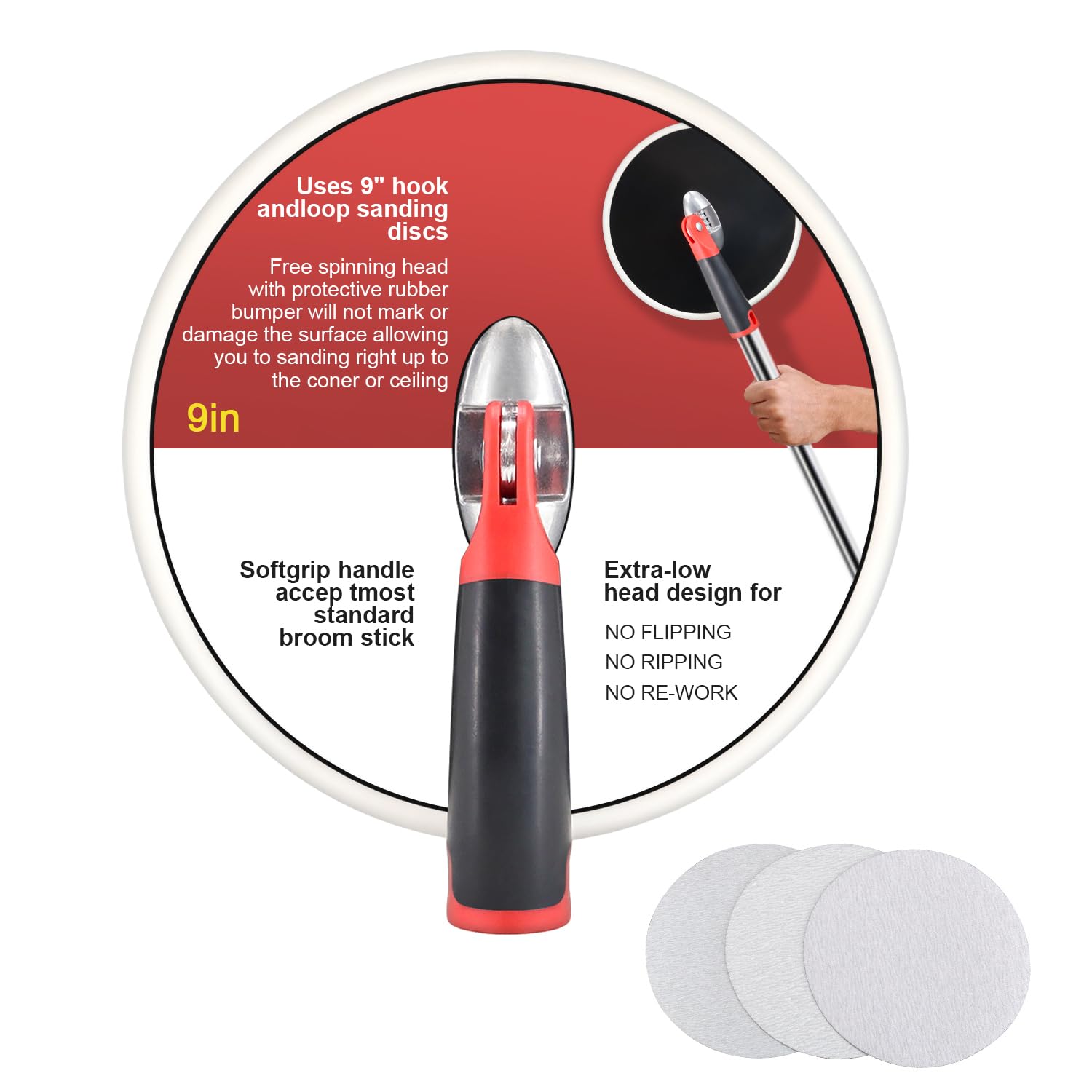 QZATACAEN Pole Drywall Sander Radius Handheld Sander Head 9 Inch for Dry Wall Radial Round Celing Prep Painting Sanding Tool Include 3 Pcs Sanding Sheets 80,100,150 Grits