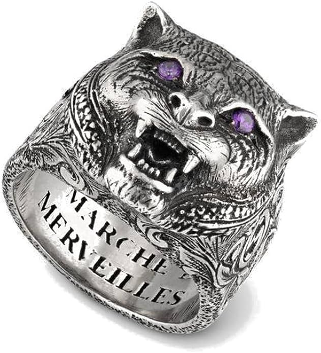thin silver ring with feline head