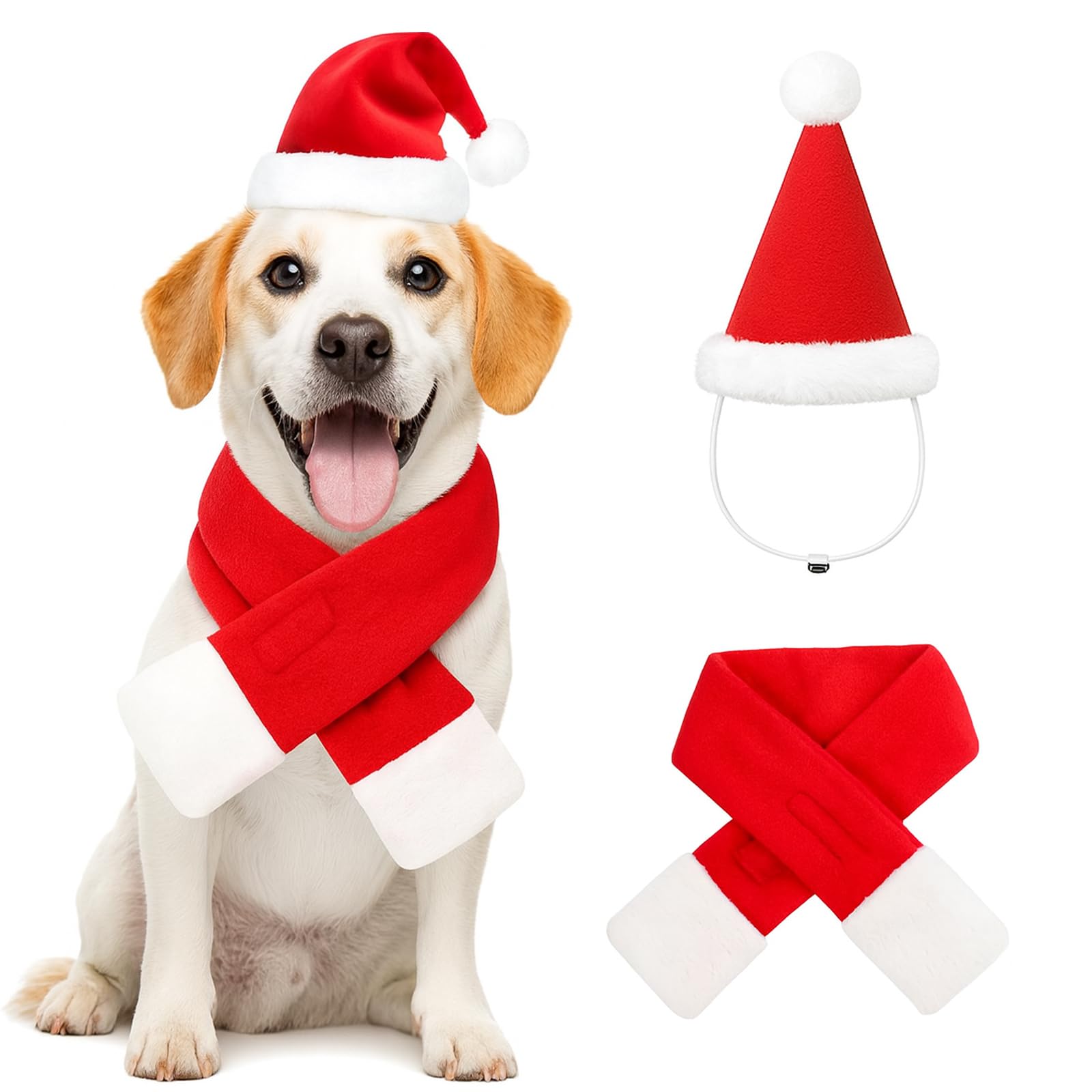 View 1 of 2 Pcs Pet Christmas Hat and Scarf Set, Santa Costume Accessories for Small Dogs and Cats, Adjustable Holiday Outfit for Puppy Kitten Xmas Party and Winter Dress Up