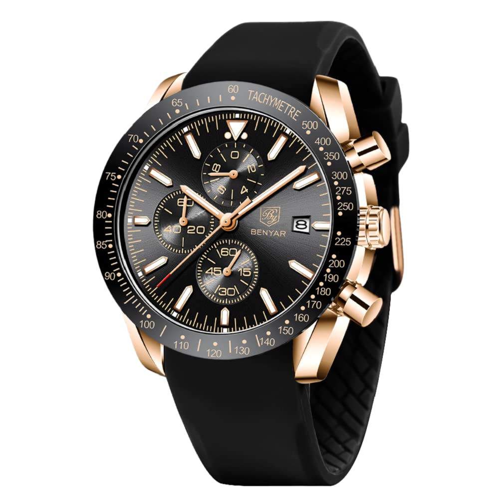 BENYAR Watch for Men Analog Quartz Chronograph Waterproof Luminous Designer Mens Wrist Watches Business Work Sport Casual Dress Watch with Silicone Strap Elegant Gifts for Men