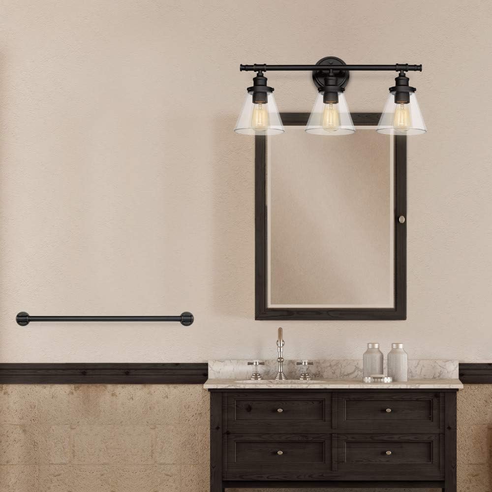 Parker 5-Piece All-in-One Bathroom Set, Oil Rubbed Bronze, 3-Light Vanity Light with Clear Glass Shades, Towel Bar, Towel Ring, Robe Hook, Toilet Paper Holder, 50192 - - 