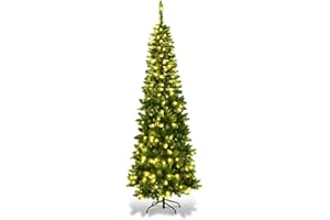 GOFLAME 4.5FT Pre-Lit Pencil Christmas Tree, Artificial Slim Christmas Tree with 150 LED Lights and Solid Metal Stand, Spruce Hinged Christmas Decoration Tree, Suitable for Indoor and Outdoor