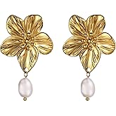 Rofusn Flower Stud Earrings for Women: Stainless Steel Dainty Floral Drop Earrings with Pearl Dangle Statement Jewelry for Wedding Party